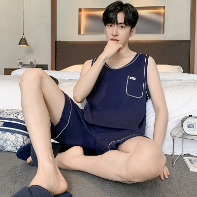 夏季男睡衣莫代尔薄款无袖背心短裤套装青少年简约休闲宽松家居服