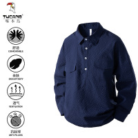 啄木鸟黑色泡泡纱男士长袖衬衫春秋款多口袋设计商务休闲工装上衣