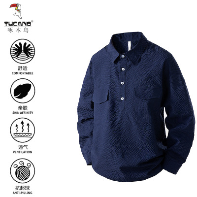 啄木鸟黑色泡泡纱男士长袖衬衫春秋款多口袋设计商务休闲工装上衣