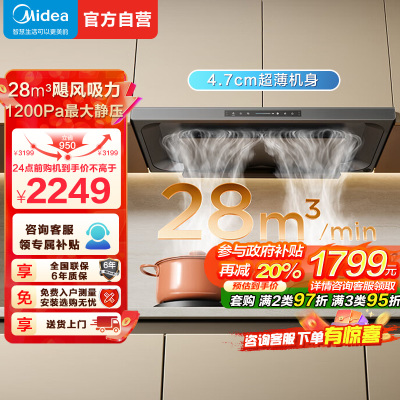 美的欧式吸油烟机28m³大吸力1200Pa强静压自动清洗挥手智控CXW-140-A8