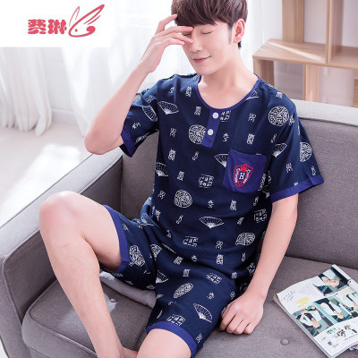 男士粘纤绸睡衣男夏季绵绸薄款短袖夏天套装人造粘纤服五分裤两件套费琳