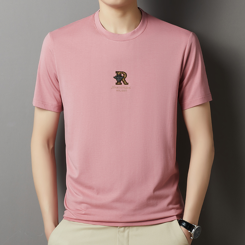 专柜新款男士冰丝短袖t恤男夏季印花桑蚕丝粉色圆领宽松上衣潮牌