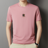 专柜新款男士冰丝短袖t恤男夏季印花桑蚕丝粉色圆领宽松上衣潮牌