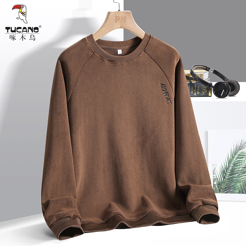 啄木鸟秋冬新款奥粒绒保暖圆领字母刺绣辑明线打底衫男款休闲卫衣