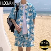 HLCOMAN冰丝短袖花衬衫男夏季薄款宽松休闲衬衣沙滩短裤速干套装