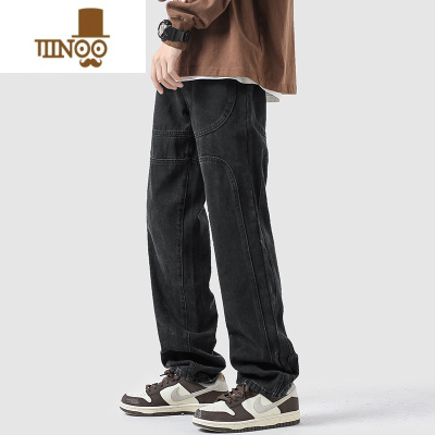 YANXU黑色高街牛仔裤男新款美式水洗直筒裤潮牌ins宽松阔腿休闲长裤子