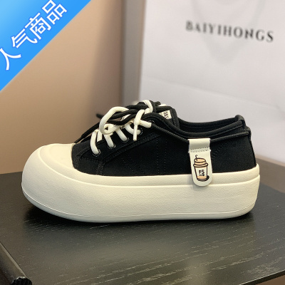 SUNTEK日系丑萌帆布大头娃娃女鞋2023新款圆头百搭面包休闲板鞋厚底