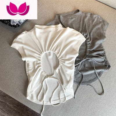 七斓轻熟大姐姐 后背抽绳纯欲露背华夫格小高领短袖T恤女