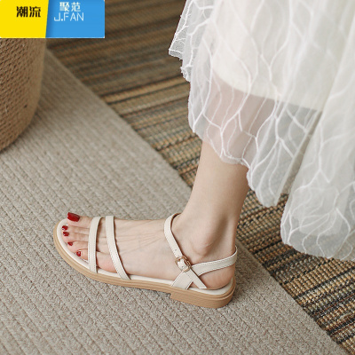 聚范2021年夏季新款百搭凉鞋平底简约仙女白色低跟舒适一字扣带软底鞋