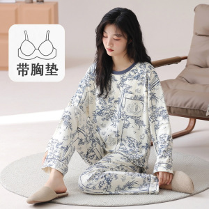 带胸垫睡衣女棉质秋冬季女士长袖可爱大码外穿休闲甜美家居服套装