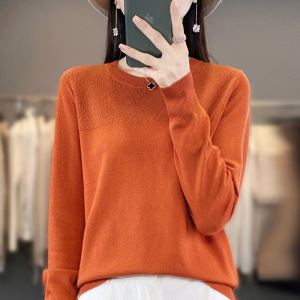 丝光棉圆领镂空针织衫2023秋冬季新款时尚套头长袖棉线打底衫上衣