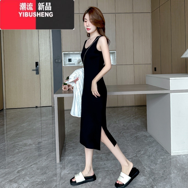 YIBUSHENG2024新款黑色吊带连衣裙女季无袖长裙打底背心裙内搭开叉小黑裙