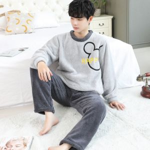男士睡衣冬季可外穿法兰绒加绒加厚冬天睡衣男款珊瑚绒家居服套装
