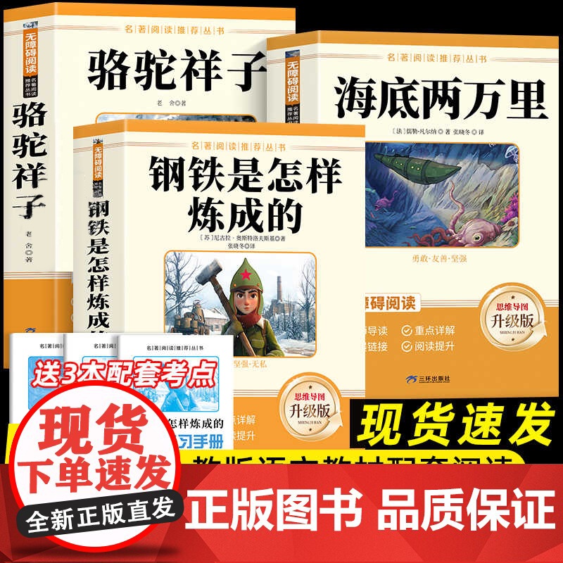 名著阅读丛书全3册 初中语文教科书配套书目 钢铁是怎样炼成的+骆驼祥子+海底两万里 赠阅读练习手册