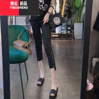 YIBUSHENG七分铅笔裤女季薄款黑色弹力修身高腰不规则拉链小脚外穿休闲裤
