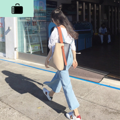 2020新款韩版简约拼色水桶托特包斜挎包大包撞色单肩女包NEW LAKE女斜挎包