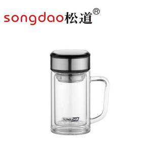 松道 玻璃杯 双层玻璃杯双层玻璃水杯带盖耐高温茶水分离便携旅行杯泡茶杯SD199系列本色320ML