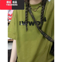 YIBUSHENG潮牌美式复古字母印花正肩短袖t恤女季设计感小众大版半袖上衣