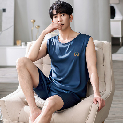 男士睡衣夏季冰丝背心无袖薄款休闲家居服可外穿仿真丝加大码套装