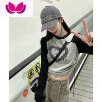 七斓美式复古辣妹插肩长袖t恤女春季设计感抽绳修身正肩短款上衣ins潮