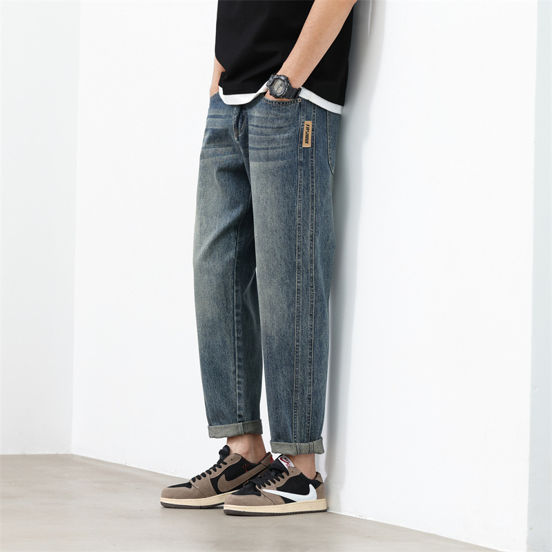 潮牌侧标锥形牛仔裤 男式复古水洗九分裤 2026春秋高街痞帅长裤子