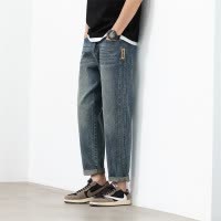 潮牌侧标锥形牛仔裤 男式复古水洗九分裤 2026春秋高街痞帅长裤子