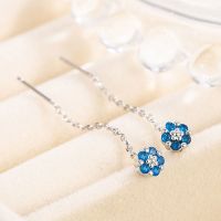 s925银蓝钻花朵耳线女文艺小清新气质流苏耳链甜美精致五瓣花耳饰送女朋友老婆情人节七夕生日礼物