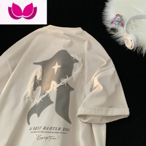 七斓夏季2023新款短袖男美式高街印花体恤衫潮牌休闲圆领宽松半袖t恤