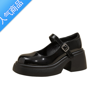 SUNTEK2023新款厚底玛丽珍鞋女法式粗高跟单鞋小个子增高jk小皮鞋