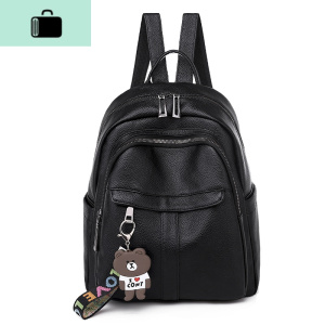 超火时尚潮流双肩背包女软皮质双肩包女韩版百搭简约2020新款洋气NEW LAKE 黑色-送小熊挂件 黑色-送小熊挂件