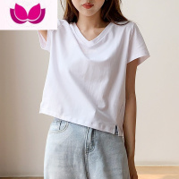 七斓网红白色短袖t恤女2023年夏季新款韩版宽松设计感开叉短款上衣潮
