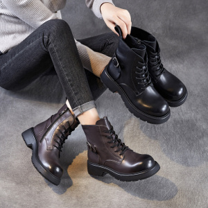 年秋冬新款圆头气质马丁靴女英伦风真皮时尚小牛皮短筒单靴子