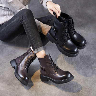 年秋冬新款圆头气质马丁靴女英伦风真皮时尚小牛皮短筒单靴子