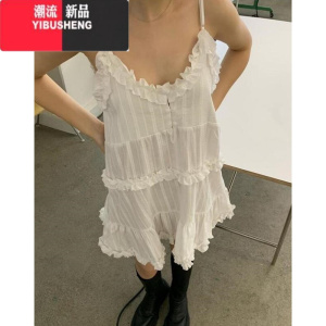 YIBUSHENGUp and on 韩版复古甜美小众设计花边显瘦拼接微透百搭吊带连衣裙