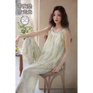 云朵棉清新碎花背心带胸垫防走光七分裤女夏季宽松舒适家居服睡衣