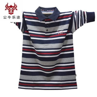 公牛乐途2020秋季新款翻领条纹男士纯棉长袖宽松特大码针织翻领男装商务polo衫