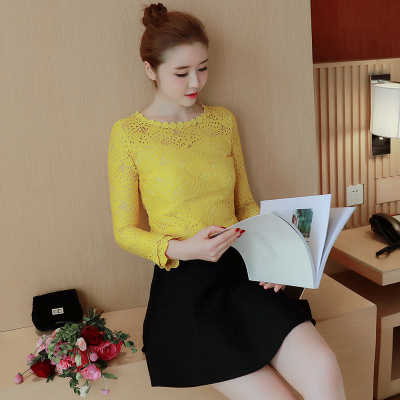 2018春季新款韩版女装圆领九分袖蕾丝衫女修身显瘦T恤打底衫上衣