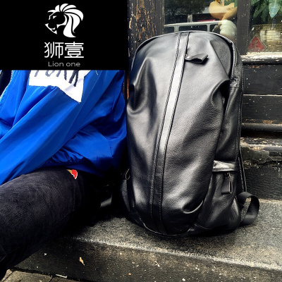 狮壹（Lionone）双肩包男欧美休闲旅行头层羊皮书包电脑包时尚潮男户外背包酷炫黑