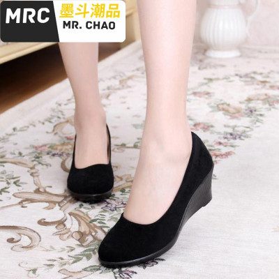 布鞋黑色宾馆酒店工装工作鞋职业女鞋坡跟高跟单鞋墨斗潮品休闲鞋