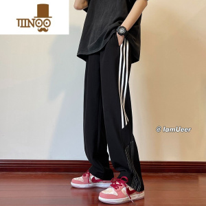 YANXU黑色裤子男宽松垂感直筒休闲裤潮牌ins欧美侧边条纹运动卫裤