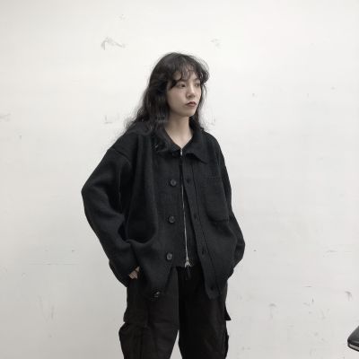 广赫陆与山屿女士毛衣春秋开衫短款情侣针织上衣黑色山本慵懒宽松外套夹克