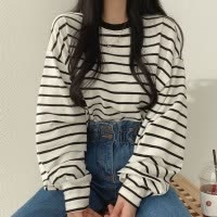 条纹长袖T恤女新款春秋季韩版宽松百搭ins设计感小众女装