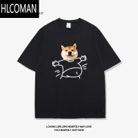 HLCOMAN设计感小狗小猫潮牌短袖t恤男夏季新款黑色宽松情侣半袖