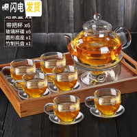 三维工匠加厚玻璃功夫茶具套装家用过滤耐热高温玻璃泡茶水果花茶壶 600+6只手把杯+圆形底座+6杯碟+大托盘