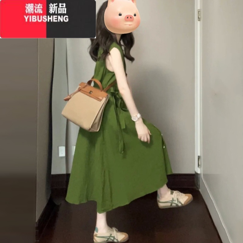 YIBUSHENG茶歇法式气质绿色无袖连衣裙子女季2024新款微胖mm显瘦遮肚长裙