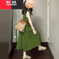 YIBUSHENG茶歇法式气质绿色无袖连衣裙子女季2024新款微胖mm显瘦遮肚长裙