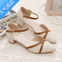 SUNTEK包头凉鞋女粗跟2023春夏季新款尖头软底中跟一字扣带百搭工作单鞋