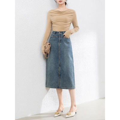 开叉牛仔半身裙女秋季新款高腰A字中长裙复古显瘦宽松裙