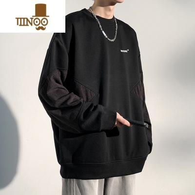 YANXU美式复古宽松卫衣男士潮牌拼接长袖内搭休闲圆领百搭上衣服