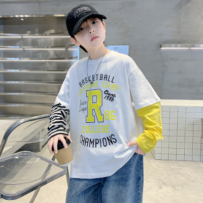 男童长袖T恤新款儿童洋气假两件打底衫中大童内搭上衣春秋潮